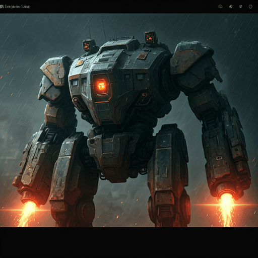A giant combat mech advancing through an industrial battlefield