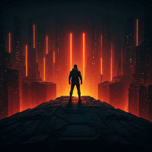A lone warrior overlooking a neon cyberpunk city